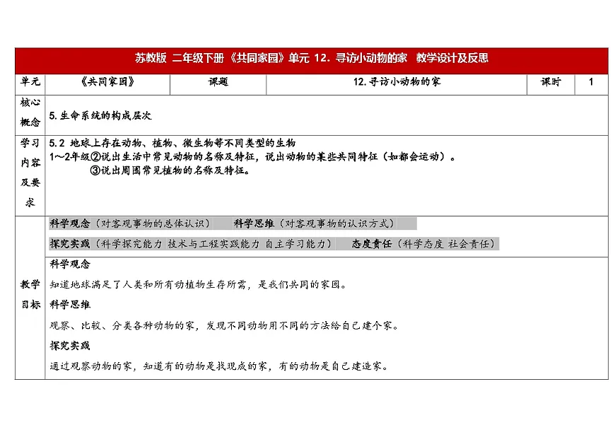 4-12《寻访小动物的家》(表格式教案)2025-2026学年苏教版二年级科学下册第1页
