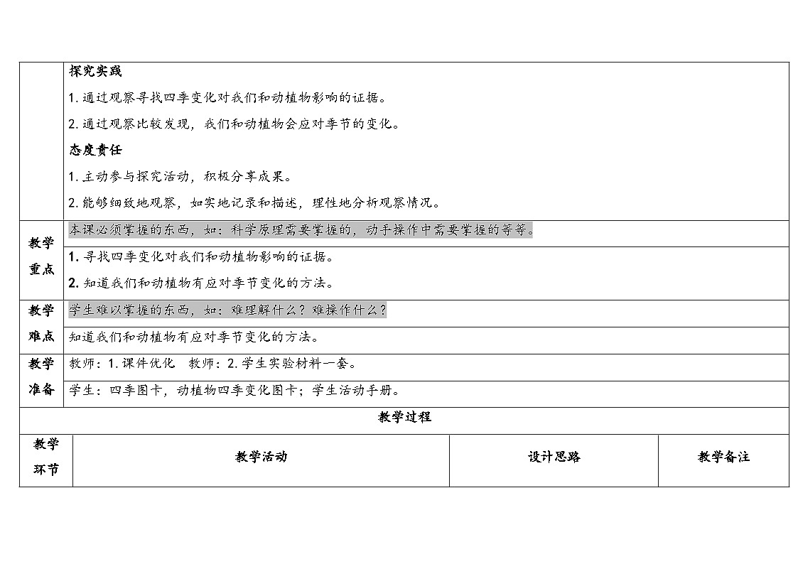 2026年湘科版二年级科学下册1.2四季变化的影响（表格式教案）第2页