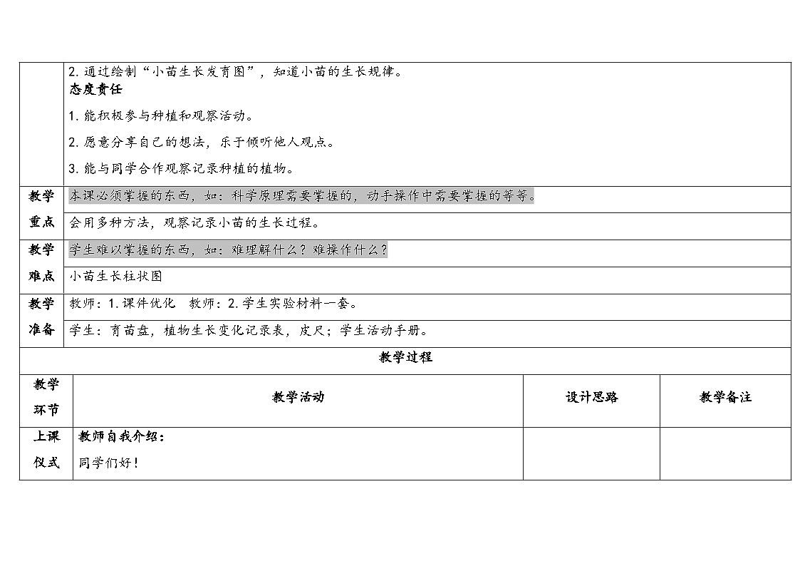 2026年湘科版三年级科学下册 3.12小苗快长（表格式教案）第2页