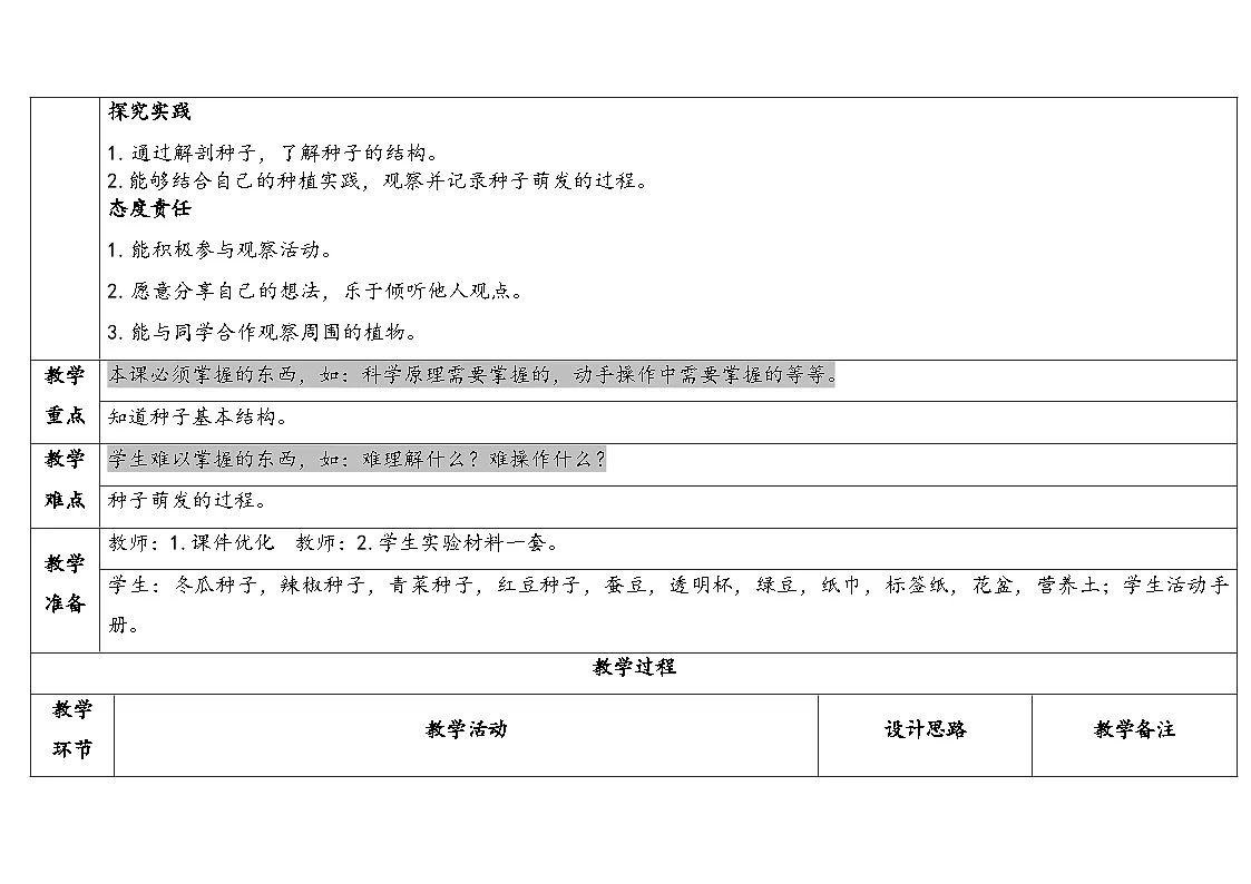 2026年湘科版三年级科学下册 3.11种子的萌发（表格式教案）第2页