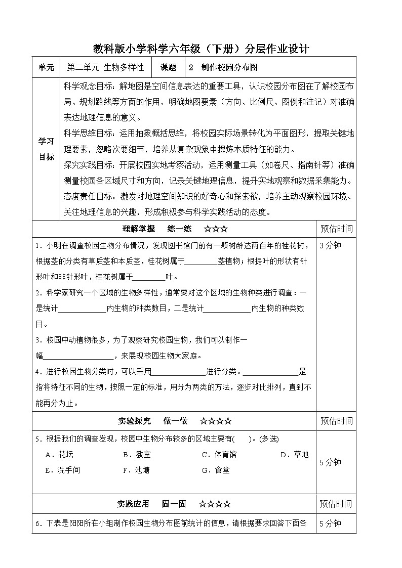 【分层作业设计】2.2 制作校园生物分布图 同步练习（含答案）2025-2026学年教科版六年级科学下册第1页