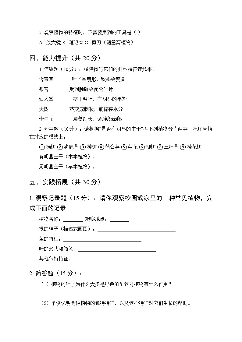 2026春沪科技版（五四制）（2024）小学科学一年级下册第2单元《2 常见植物的特征有哪些》课时练习及答案第2页