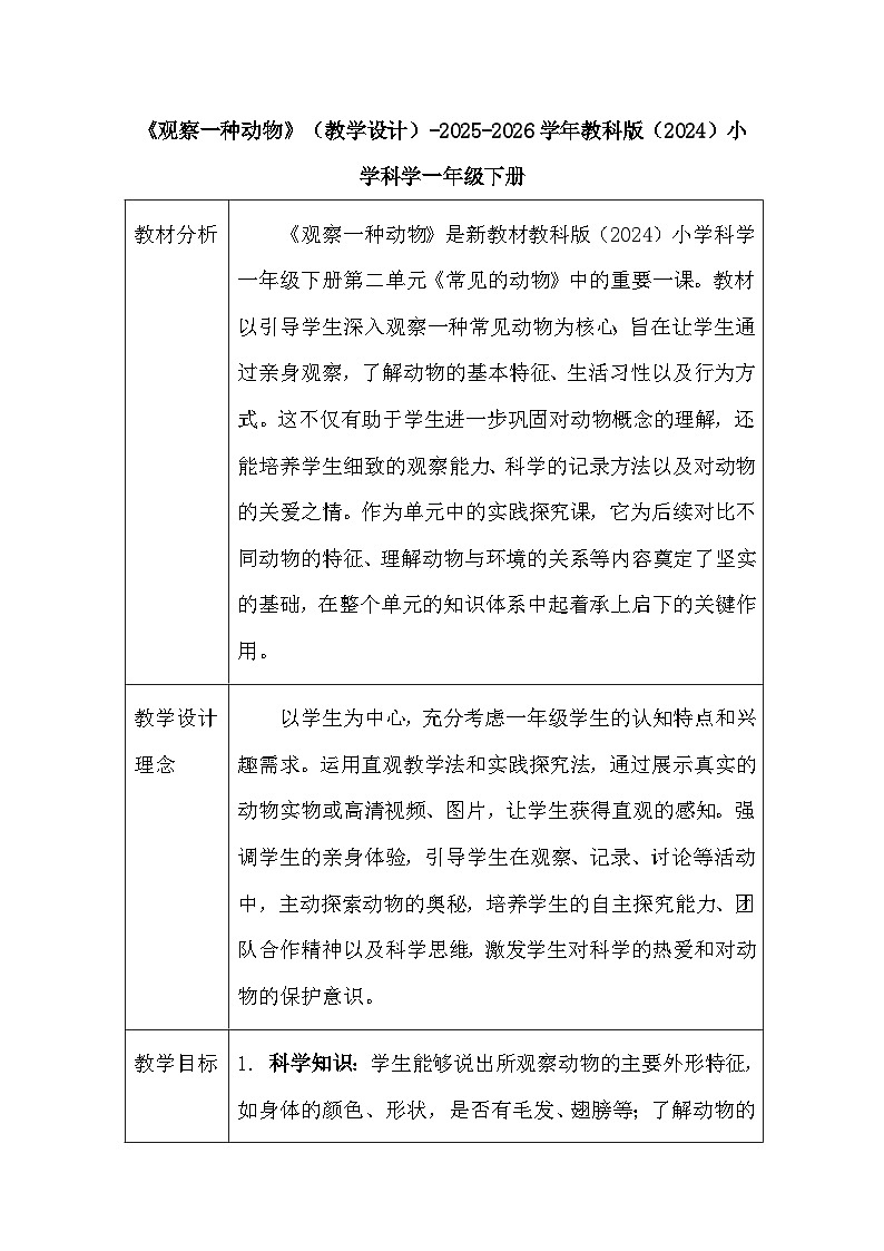 第二单元《2 观察一种动物》（教学设计）-2025-2026学年教科版（2024）小学科学一年级下册第1页