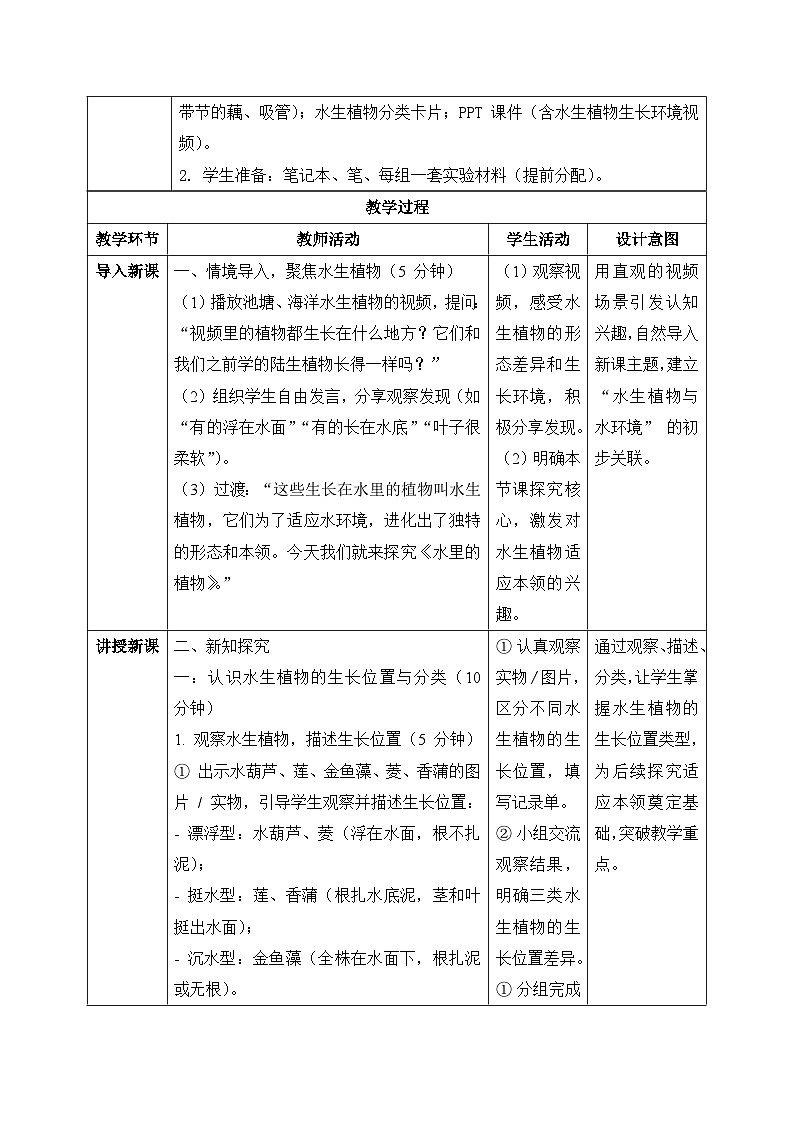 10、水里的植物 小学科学 苏教版（2024） 三年级下册 表格式教案第2页