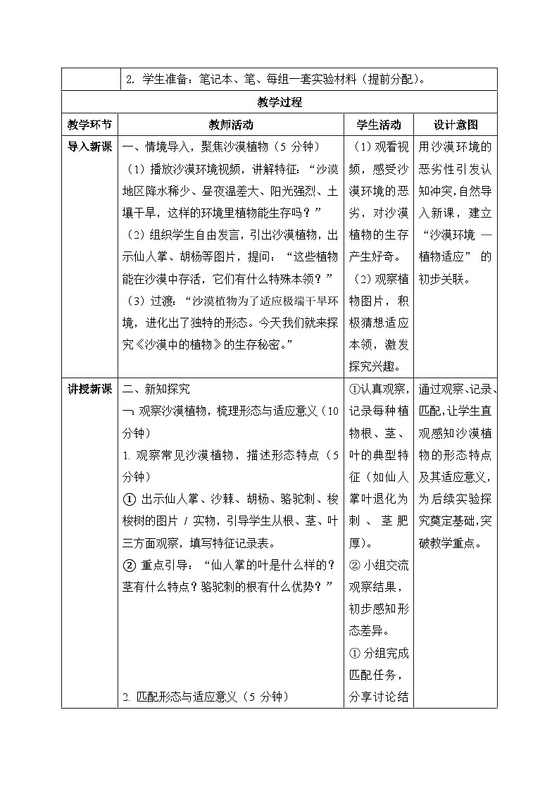 11、沙漠中的植物 小学科学 苏教版（2024） 三年级下册 表格式教案第2页