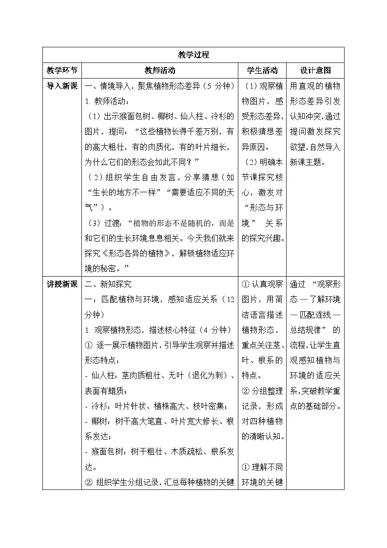 9、形态各异的植物 小学科学 苏教版（2024） 三年级下册 表格式教案第2页