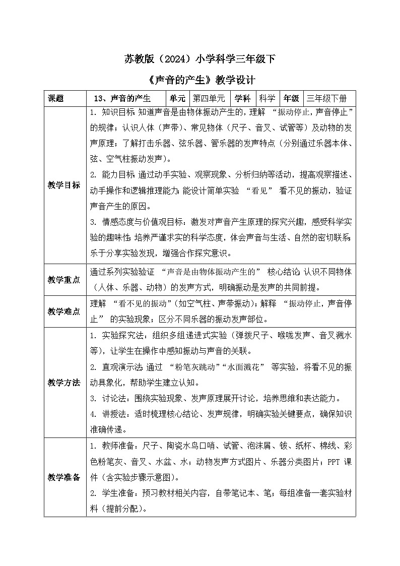 13、声音的产生 小学科学 苏教版（2024） 三年级下册 表格式教案第1页