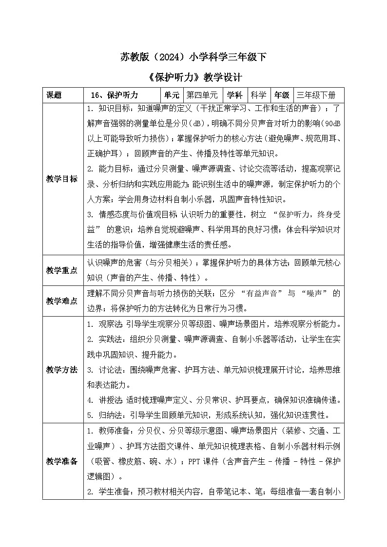 16、保护听力 小学科学 苏教版（2024） 三年级下册 表格式教案第1页