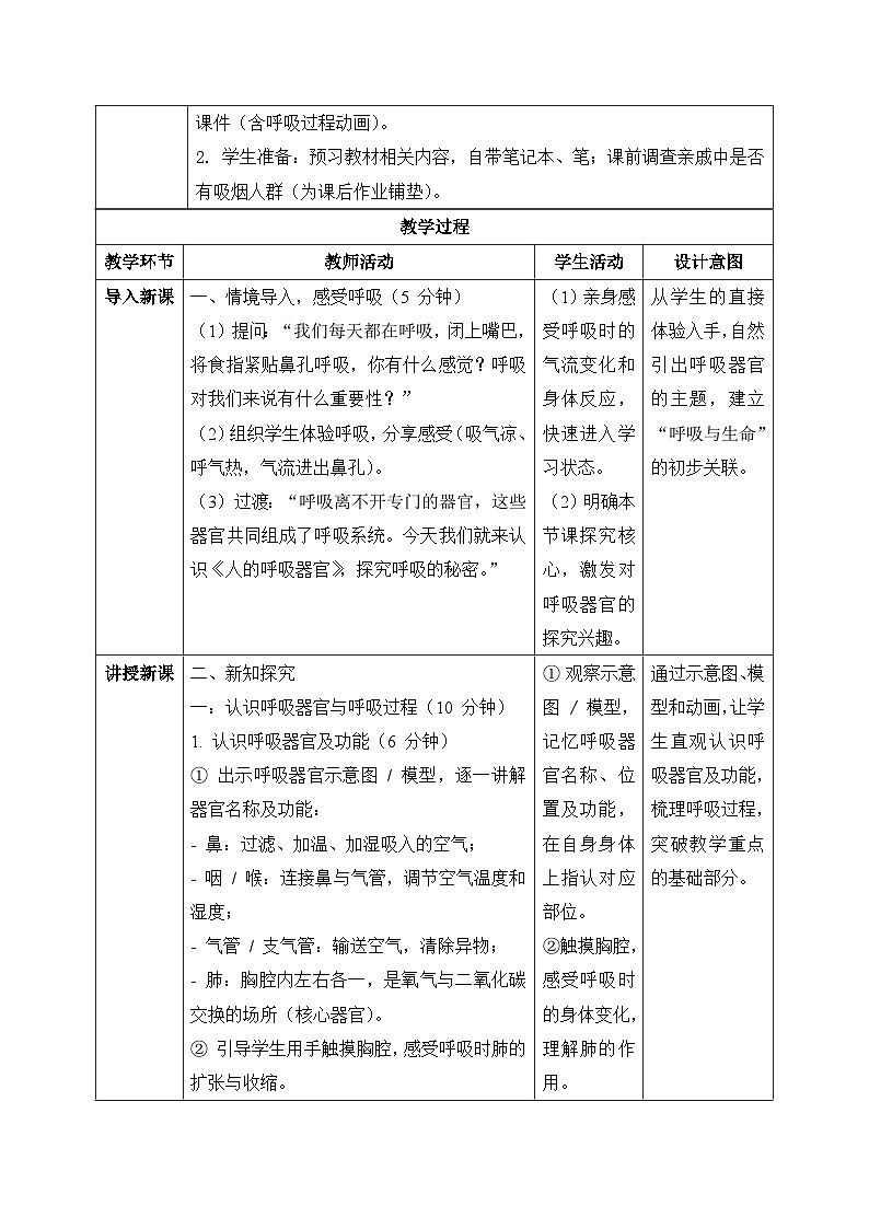 17、人的呼吸器官 小学科学 苏教版（2024） 三年级下册 表格式教案第2页
