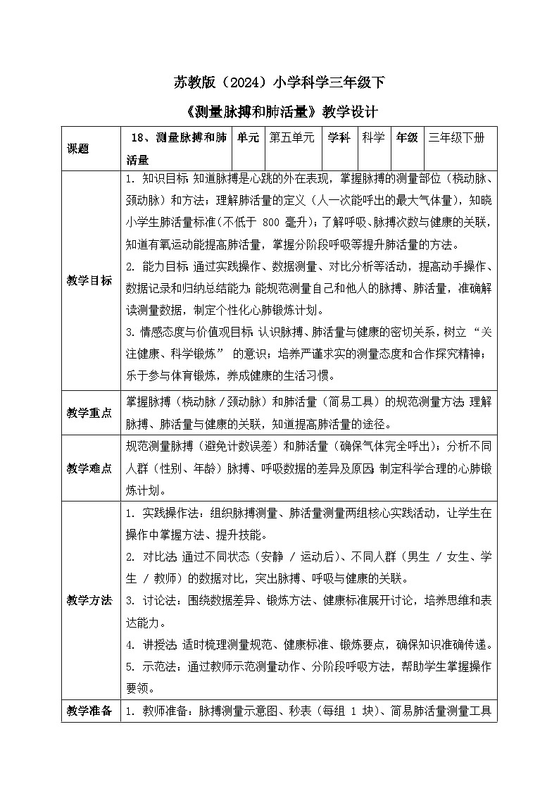 18、测量脉搏和肺活量 小学科学 苏教版（2024） 三年级下册 表格式教案第1页