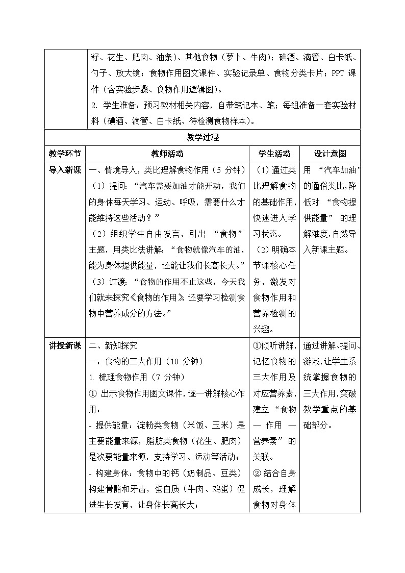 20、食物的作用 小学科学 苏教版（2024） 三年级下册 表格式教案第2页