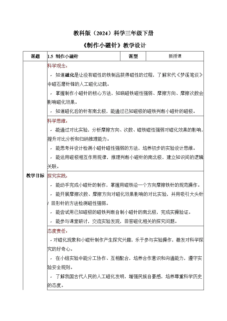 教科版2024小学科学三下1-5《制作小磁针》教案第1页