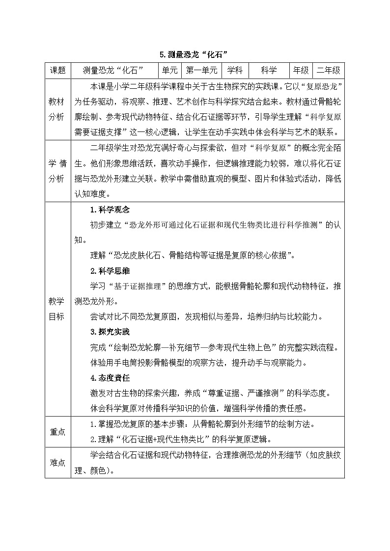 教科版2024小学科学二下1-5《复原恐龙》教案第1页