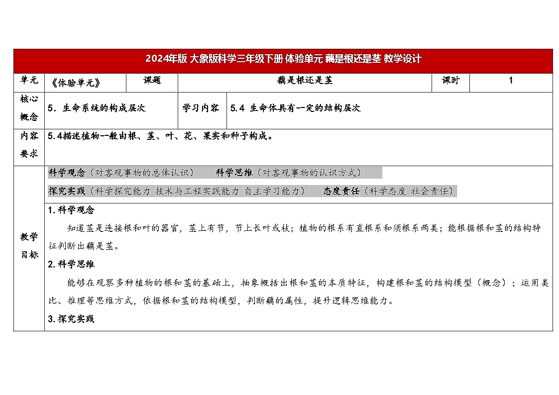 体验单元：藕是根还是茎（表格式教案）2025-2026学年大象版三年级科学下册第1页