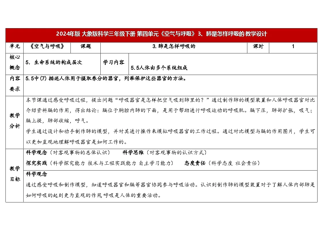 4.3《肺是怎样呼吸的》（表格式教案）2025-2026学年大象版三年级科学下册第1页