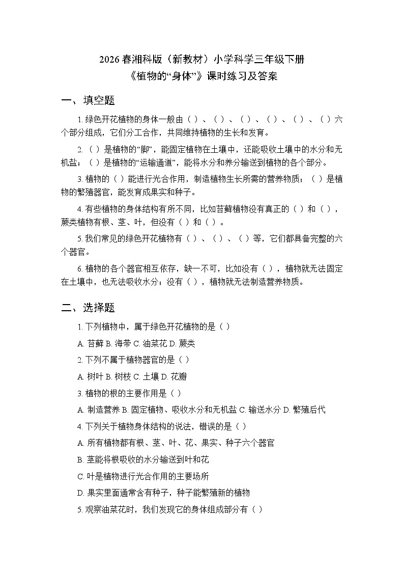 2026春湘科版（新教材）小学科学三年级下册第2单元《7 植物的“身体”》课时练习及答案第1页