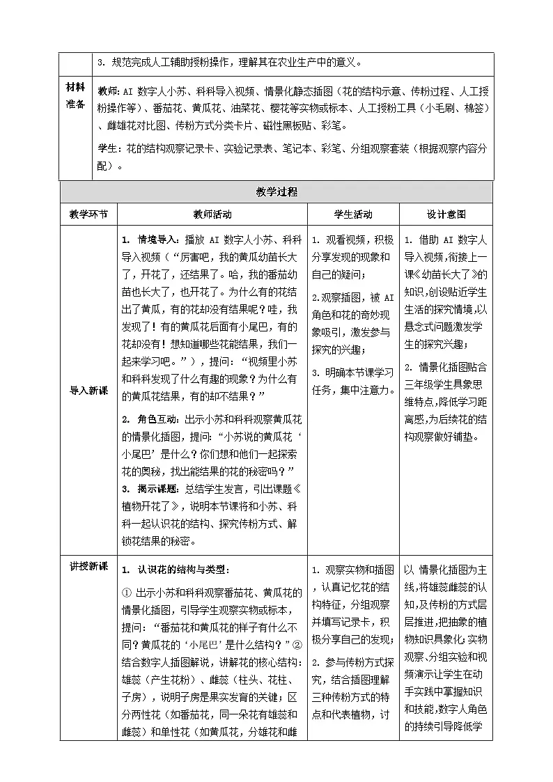苏教版小学科学三年级下册07植物开花了教案+板书设计第2页