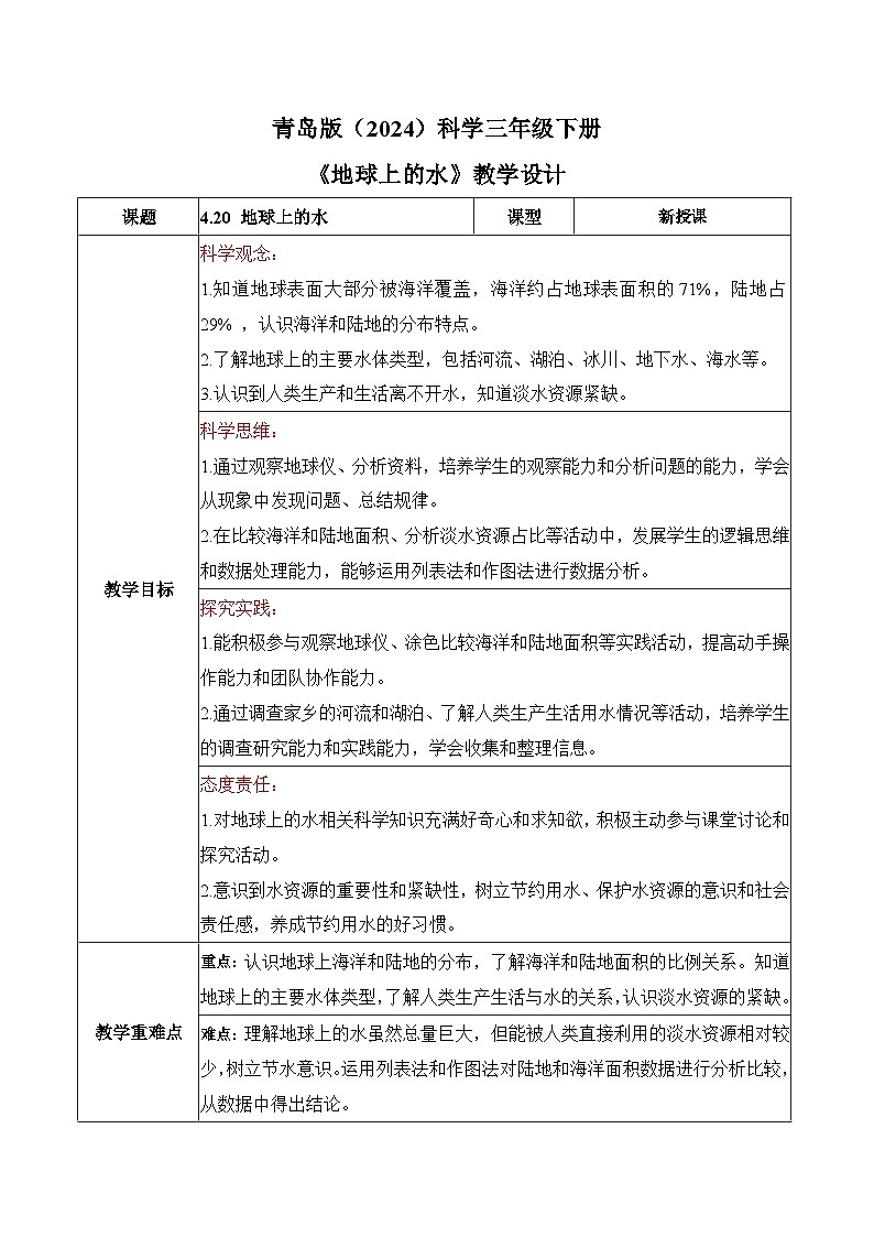 2026年青岛版（六三制）三年级科学下册4.20 地球上的水（教学设计）（表格式）第1页