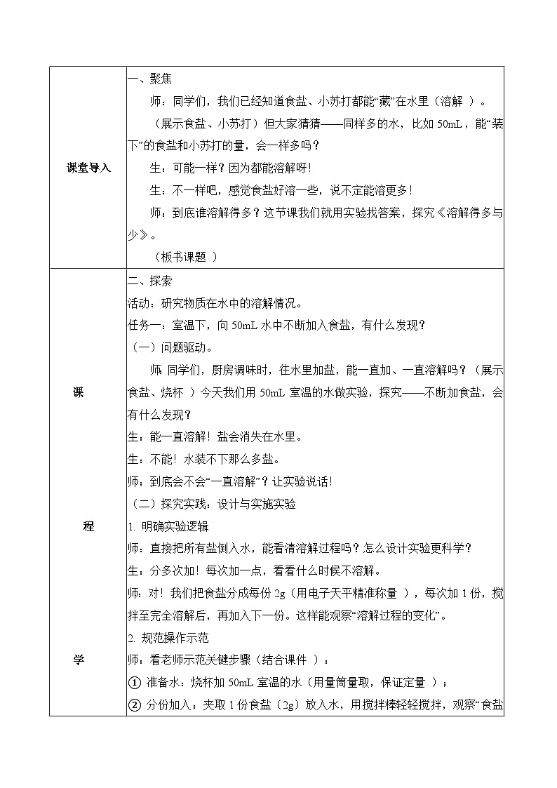 2026年青岛版（六三制）三年级科学下册2.7 溶解得多与少（教学设计）（表格式）第2页