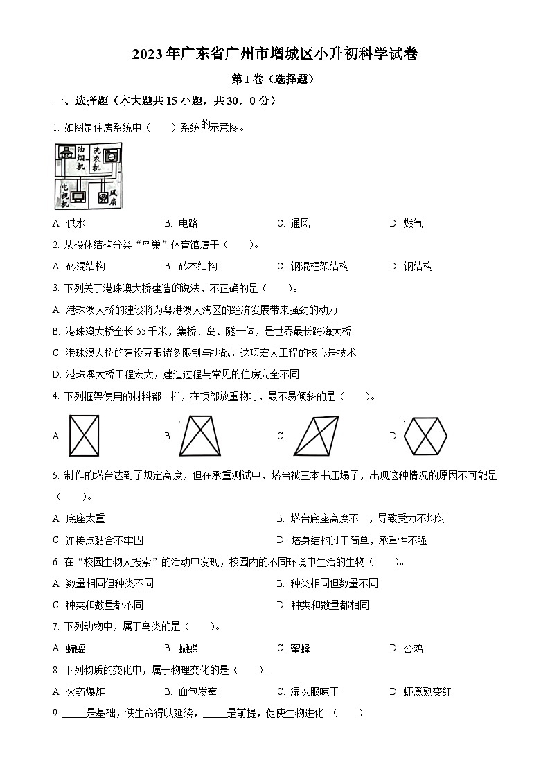 2022-2023学年广东省广州地区教科版六年级下册期末考试科学试卷（原卷版）-A4第1页