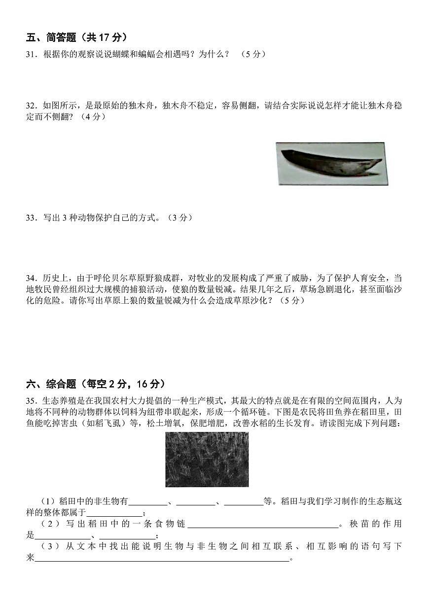 教科版科学【期中模拟卷】练习及答案五年级下册第3页