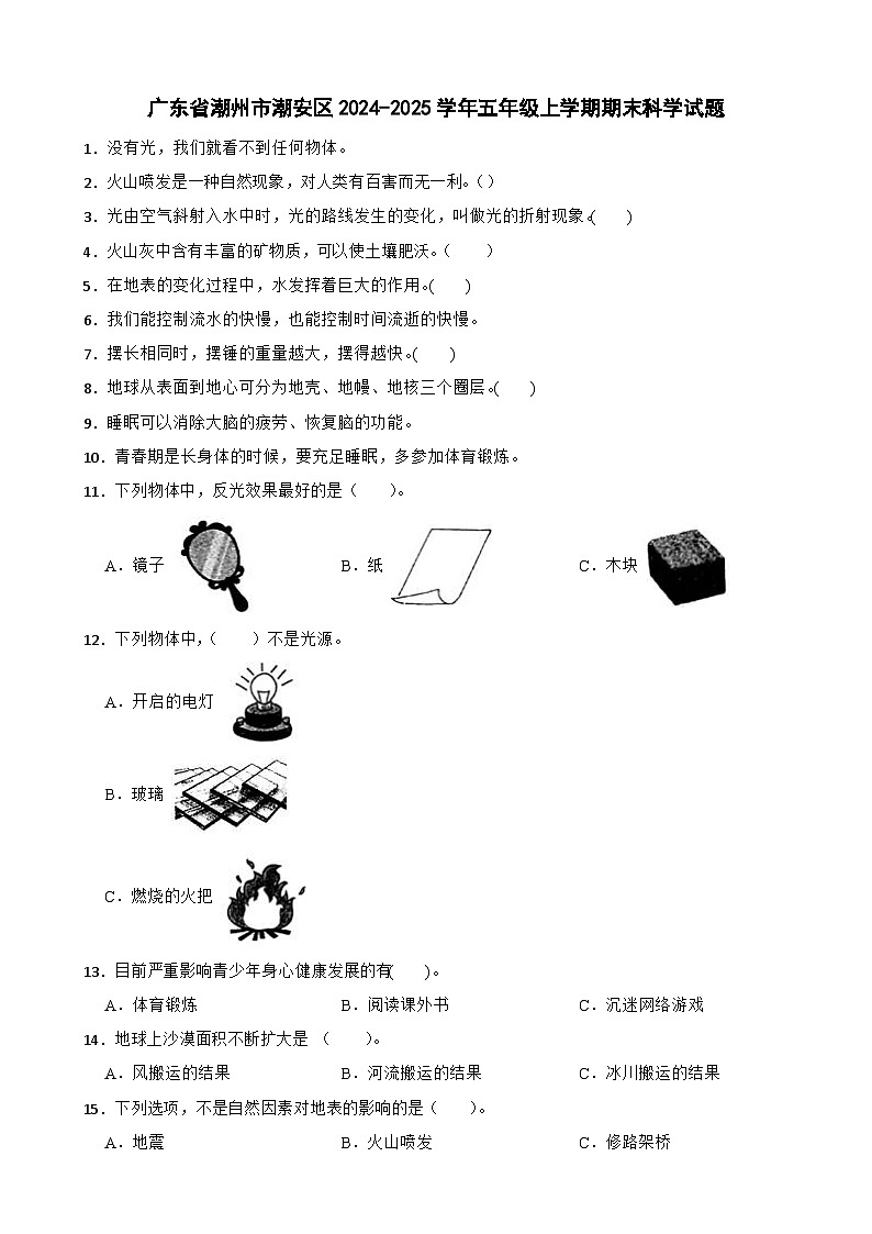 广东省潮州市潮安区五年级上学期期末科学试题-A4第1页