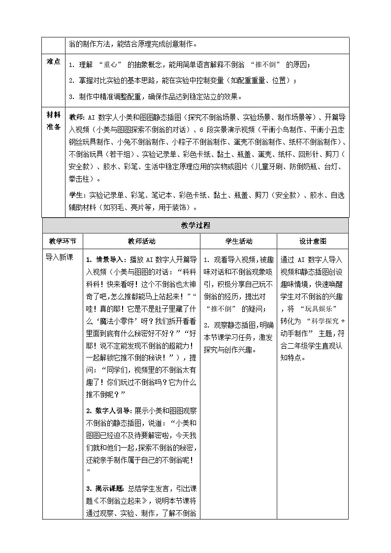 【AI赋能教学】苏教版小学科学二年级下册 08不倒翁立起来教案+板书设计第2页