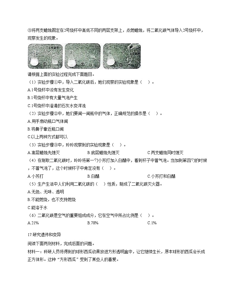 山东省潍坊市青州市2023_2024学年六年级上学期期末考试科学试卷（文字版，含答案）第3页