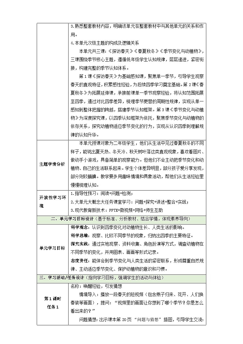 第二单元《季节变化》整体表格式教学设计 2025-2026学年科学二年级下册大象版第2页