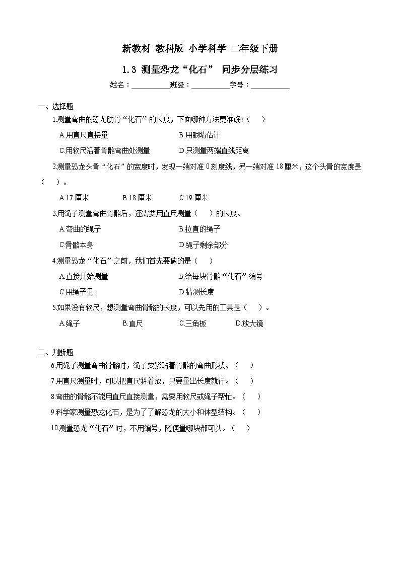新教材-教科版 小学科学 二年级下册 1.3 测量恐龙“化石” 同步分层练习第1页