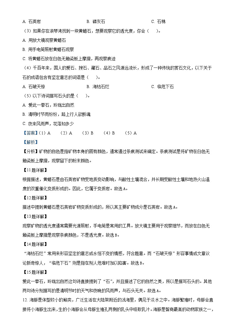 广东省茂名市高州市粤教版四年级上册期末考试科学试卷（解析版）-A4第3页