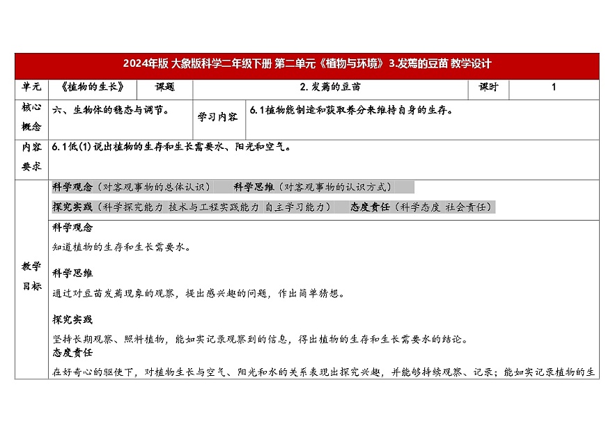 3.3《发蔫的豆苗》表格式教学设计 2025-2026学年大象版二年级科学下册第1页