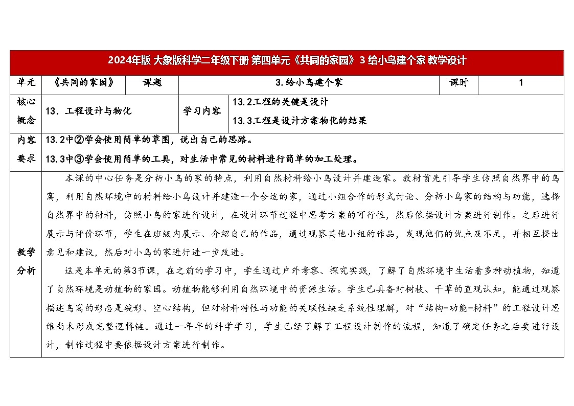 4.3给小鸟建个家 表格式教学设计 2025-2026学年大象版二年级科学下册第1页