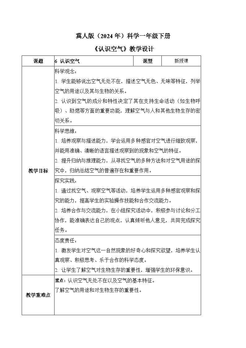 2.6 认识空气（教学设计）-一年级科学下册同步精品课堂（冀人版.2024）第1页