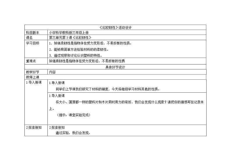 三年级上册科学教案 第三单元《比较韧性》教科版01