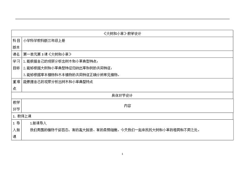 三年级上册科学教案 第一单元《大树和小草》教科版01