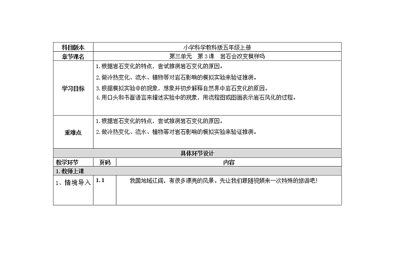 五年级上册科学教案 第三单元  第3课  岩石会改变模样吗 教科版第1页