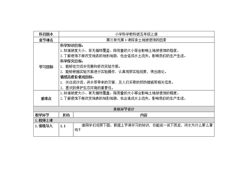 五年级上册科学教案 第三单元第6课探索土地被侵蚀的因素 教科版第1页
