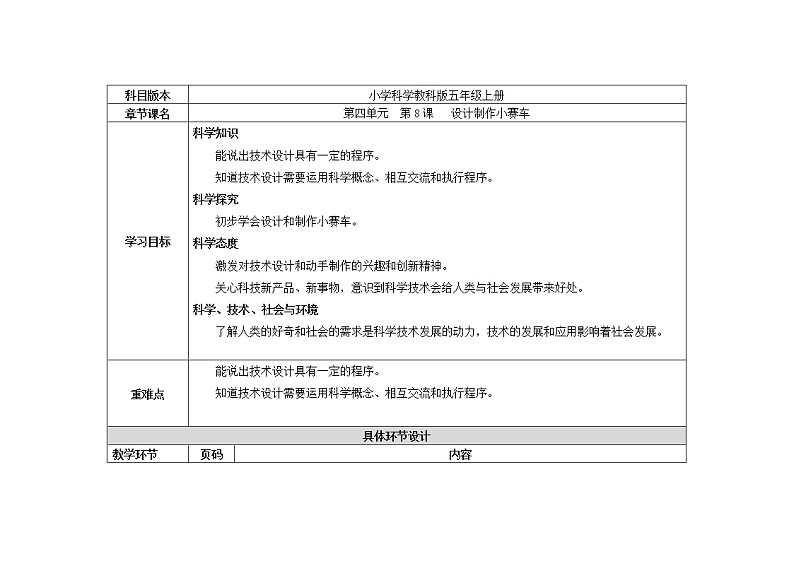 五年级上册科学教案 第四单元  第8课   设计制作小赛车 教科版01