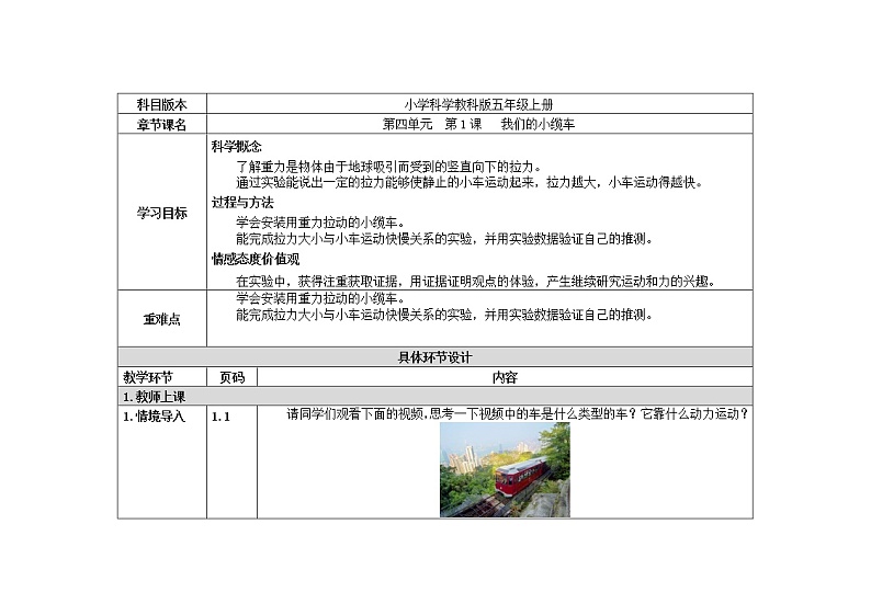五年级上册科学教案 第四单元  第1课   我们的小缆车 教科版01