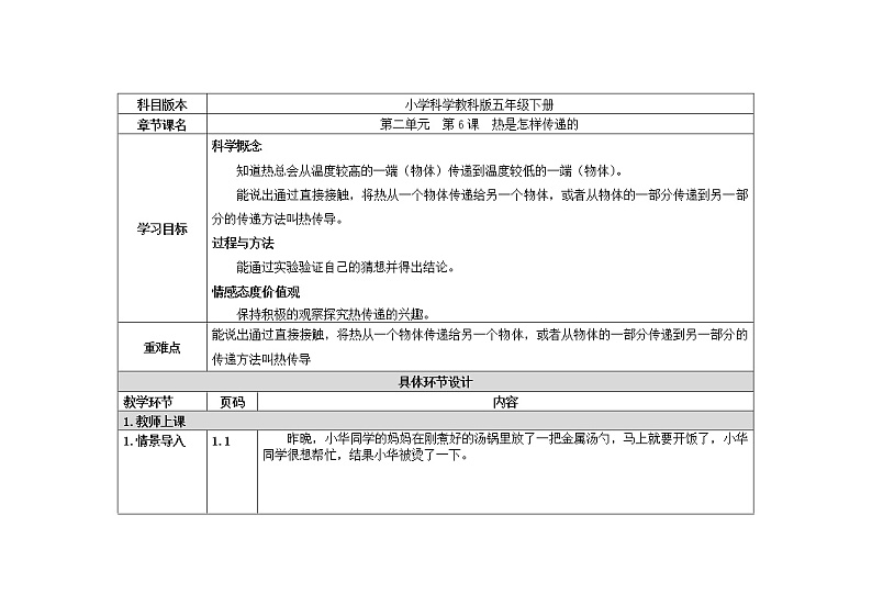 五年级下册科学教案 第二单元  第6课  热是怎样传递的 教科版01