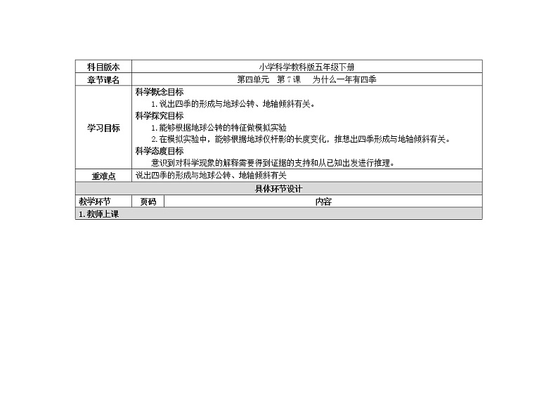 五年级下册科学教案 第四单元  第7课   为什么一年有四季 教科版第1页