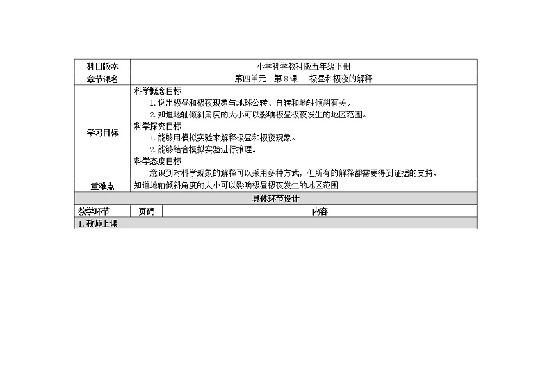五年级下册科学教案 第四单元  第8课   极昼和极夜的解释 教科版01