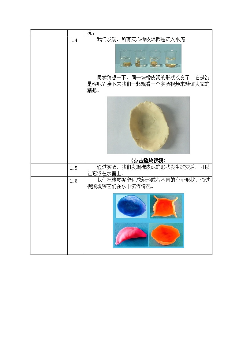 五年级下册科学教案 第一单元  第三课   橡皮泥在水中的沉浮 教科版02