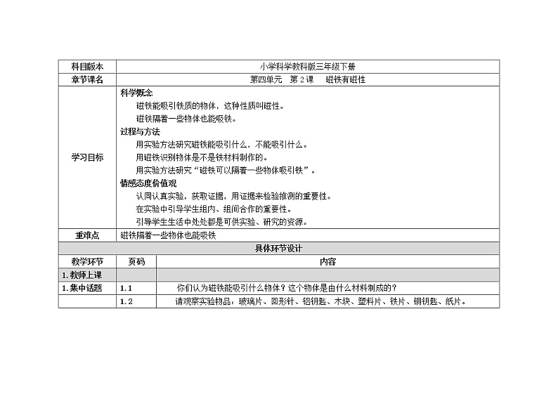 三年级下册科学教案 第四单元  第2课   磁铁有磁性（教科版）01