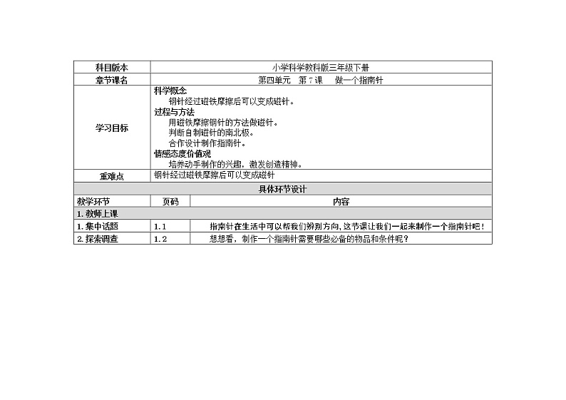三年级下册科学教案 第四单元  第7课   做一个指南针（教科版）01