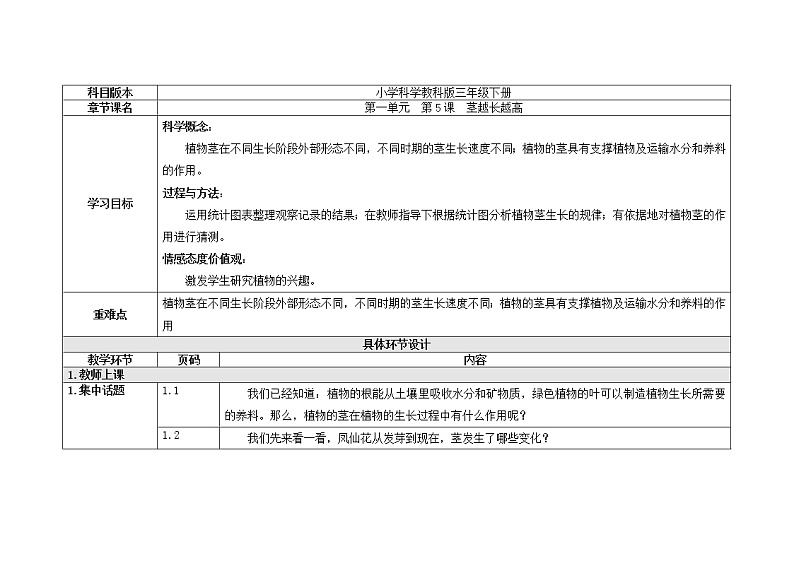 三年级下册科学教案 第一单元  第5课  茎越长越高（教科版）01
