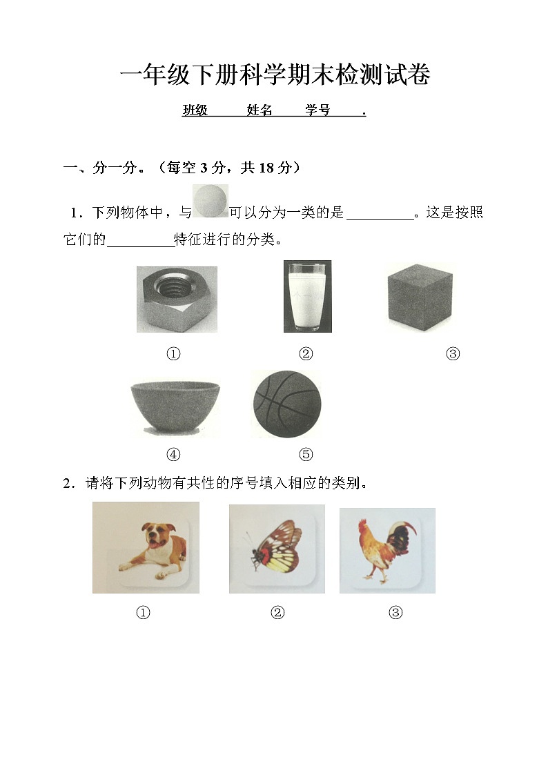 2020教科版一年级科学下册期末测试卷（有答案）第1页