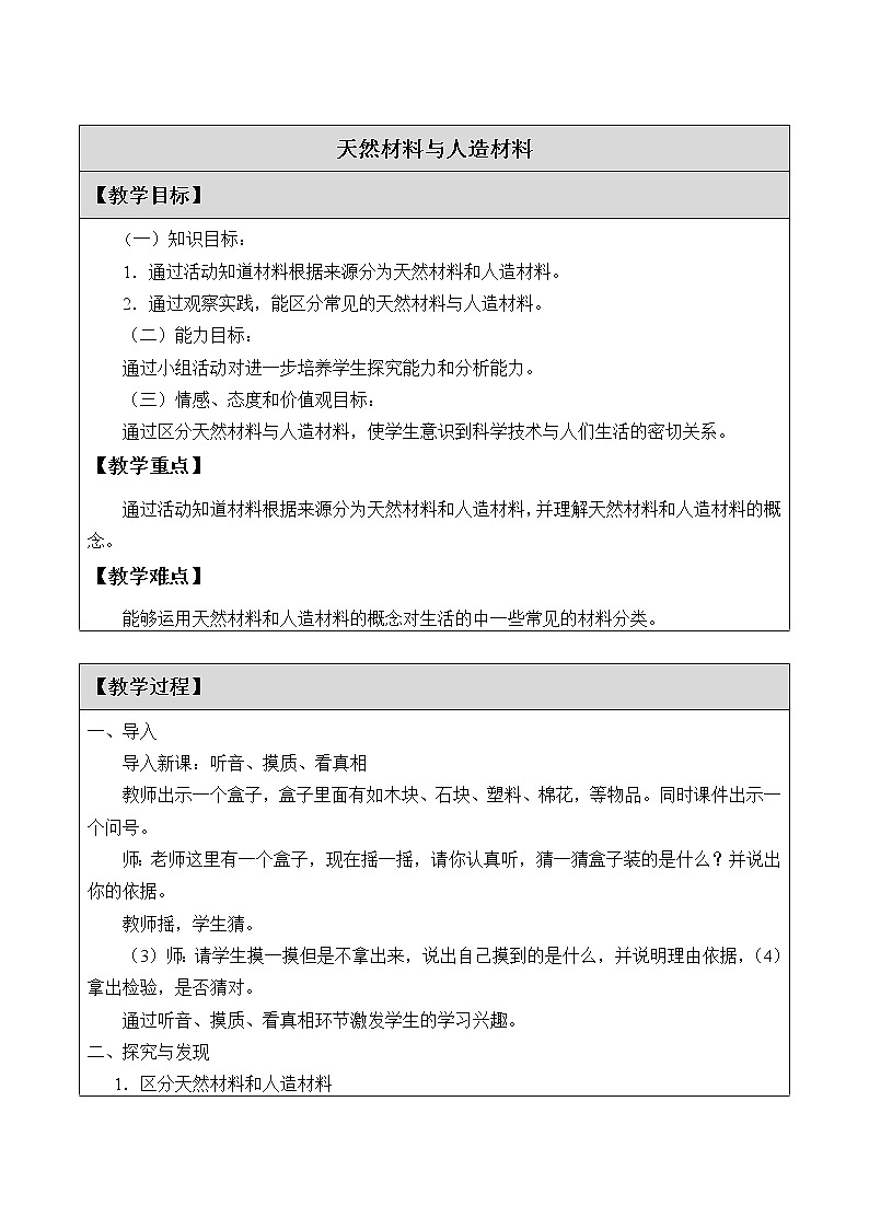 小学科学冀人版(2017)三年级上册教案《天然材料和人造材料》01