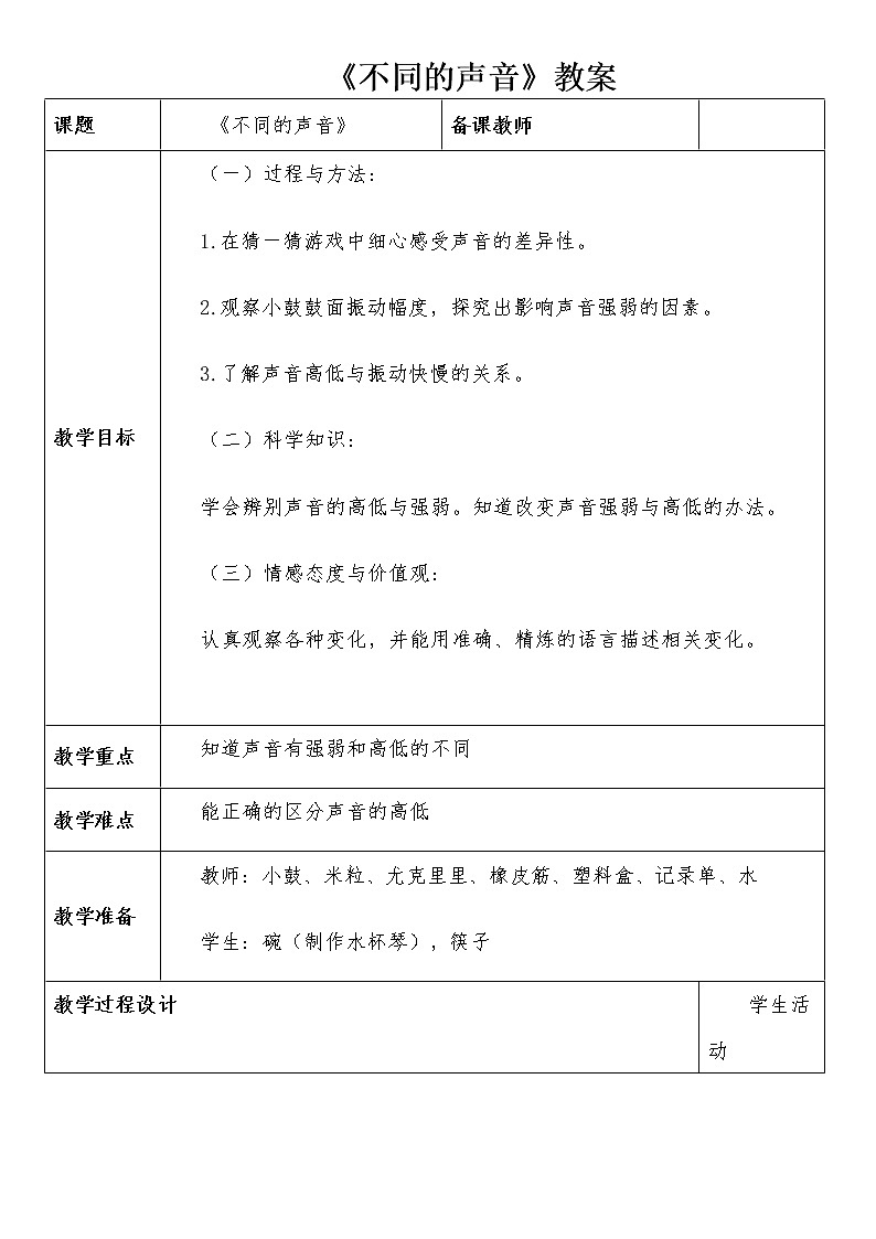 （苏教版）四年级科学上册教案《4 不同的声音》 (3)01